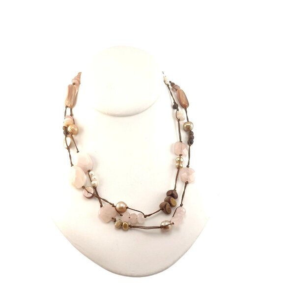 Handmade Multicolor Beaded Necklace With Rose Quartz Pearls & Wood Beads - Picture 3 of 8
